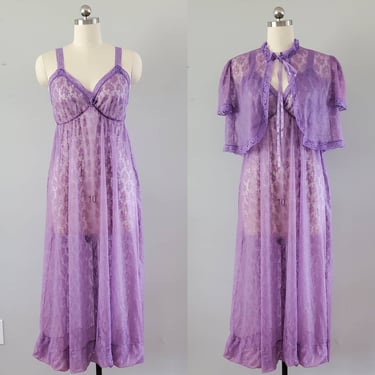 1970s 2pc Sleep Set - Nightgown and Bed Jacket - 70s Sleepwear 70's Women's Vintage Size Large 