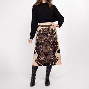 Medium 90s Ink Blot Print Wool Midi Skirt 29" | Vintage Earth Tone Floral High Waisted A Line Skirt 