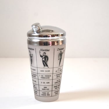 Vintage Frosted Glass Cocktail Shaker in Black with Classic Drink Recipe Graphics, Retro Barware 
