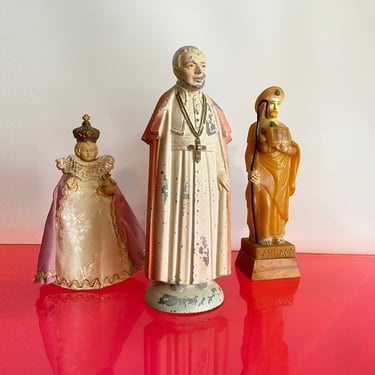 Vintage Pope Pius X Cast Metal Statue + The Child of Prague in Fabric Vestment + Santiago de Compostela, Spain Catholic Religious Figurines 