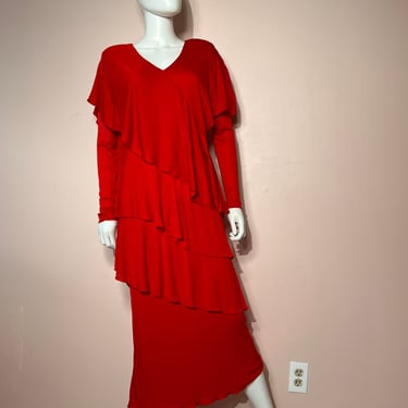 Vtg 1980s Red Tiered Ruffle Holly Harp Dress 