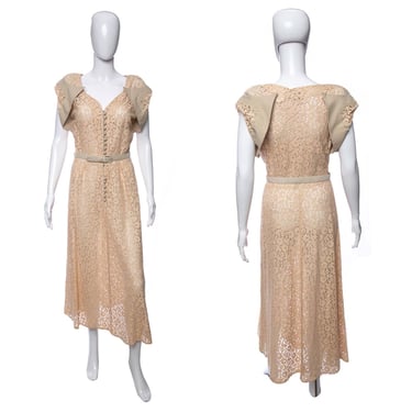 1940's Mademoiselle Juliette Beige Floral Lace Midi Dress Size M