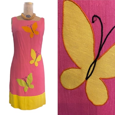 1960s shift dress, novelty print, vintage 60s dress, pink and yellow linen, butterflies, size small, applique', sleeveless sheath 