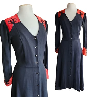 Vintage 70s Black & Red Dress 40s Retro Style 