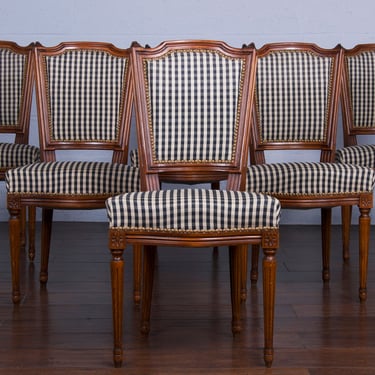 Antique French Louis XVI Style Maple Dining Chairs W/ Plaid Fabric - Set of 6 