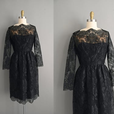 vintage 1950s Long Sleeve Black Lace Dress - Medium 