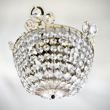 Vintage Bag Light French Empire Purse Crystal Chandelier Semi Flush Mount Crystal Basket Schonbek Hollywood Regency Ceiling Light Brass 