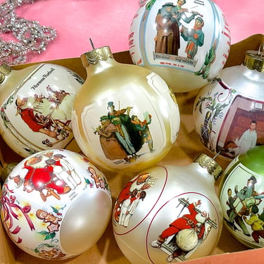 VINTAGE: 8pcs - Norman Rockwell Glass Ball Hallmark Keepsake Christmas Ornaments - Holiday Tree Ornaments 