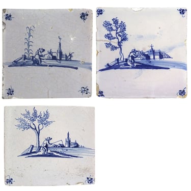 Vintage Set of Three Dutch Delft Blue and White Pottery Square Fisherman Tiles 