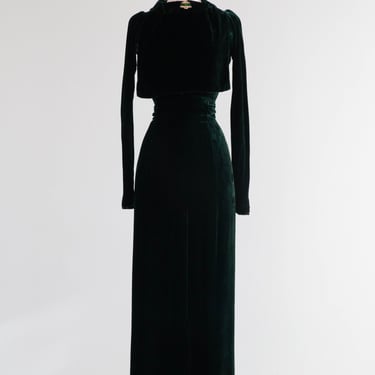 Exquisite 1930's Eisenberg & Sons Originals Emerald Green Silk Velvet Evening Gown / Small