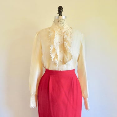 Anna Sui Victorian Style Ivory Creme Ruffle Bib Blouse High Collar Lace Trim Long Sleeve Size Large 