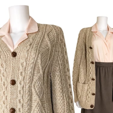 Vintage Cable Knit Cardigan, Small Medium / Light Brown Wool Irish Fisherman's Sweater / Aran Style Wool Sweater with Pockets 