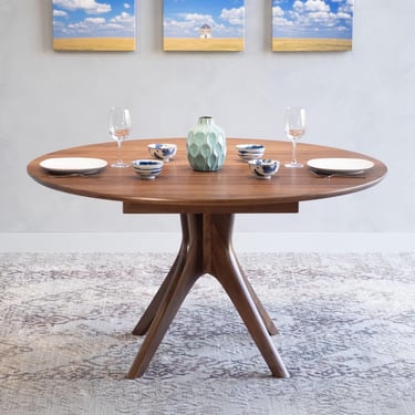 Round Extension Table With Leaf and Pedestal Base, Handmade In Solid Walnut Wood 