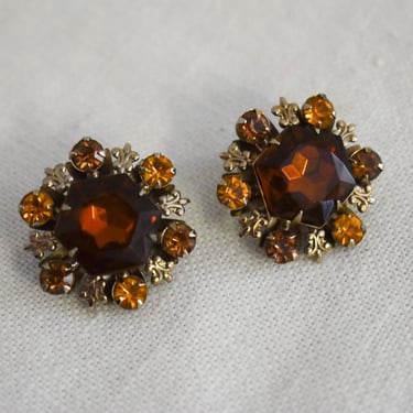 1950s Beau Jewels Brown Rhinestone Clip Earrings 