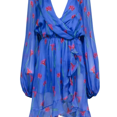 Caroline Constas - Blue w/ Pink Floral Print Silk Ruffled &quot;Olivia&quot; Dress Sz M