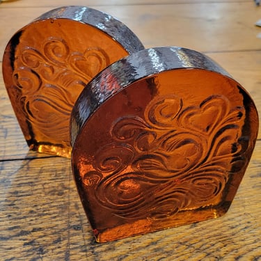 Blenko Amber Glass Heart Bookends