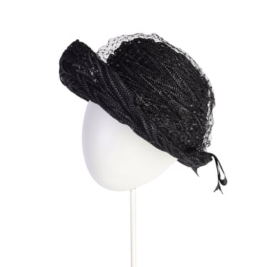 Schiparelli Vintage 1950s Black Intricate Woven Raffia Fishnet Hat