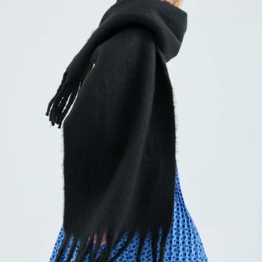 Fuzzy Fringed Knitted Scarf  - Black