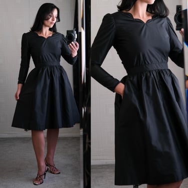 Vintage 80s Oscar De La Renta Black New Look Silhouette Silk Dress w/ Scalloped Neckline & Full Skirt | Made in USA | 1980s Designer Gown 