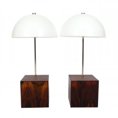 1970s Rosewood and Chrome Cube Table Lamps