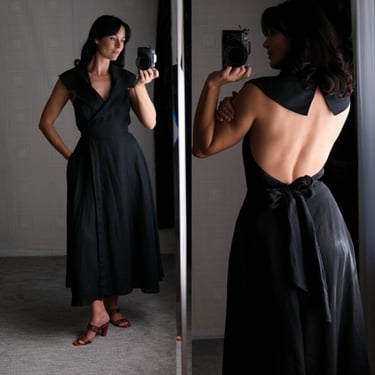 Vintage 80s BYBLOS Black Notch Lapel Wide Collar Halter Linen Dress | Made in Italy | 100% Linen | 1980s Italian Designer Linen Halter Dress 