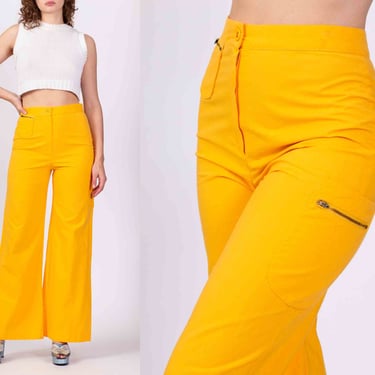 70s Yellow High Waisted Cargo Pants - Medium, 28.5" | Vintage Boho Cotton Wide Leg Flared Trousers 
