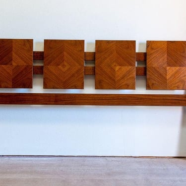 Paul Evans Style Lane Brutalist Mid-Century Walnut King Headboard 