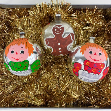 Vintage Italy Hand Blown Ornaments w/Hand Painted, Raggedy Ann Doll Ornament, Gingerbread Ornament, Large Retro Christmas Tree Balls, 1974 