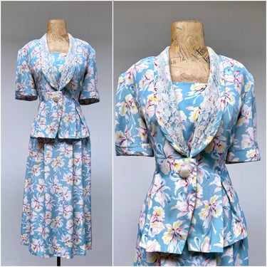 Vintage 1980s Does 1940s Floral Peplum Skirt Suit, Leslie Fay Romantic Blouse/Skirt Set, Polyester Georgette Travel Separates, Medium Size 8 