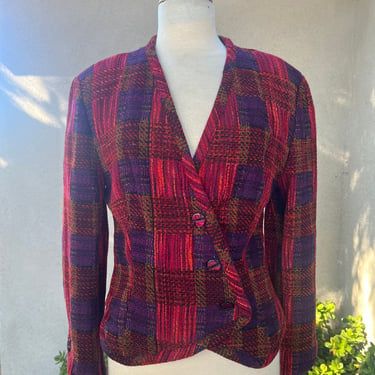 Vintage custom made jacket hand woven knit satin lining multicolor sz M 