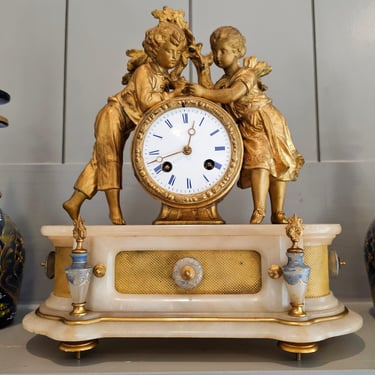 Antique French Victorian Louis XVI Style Alabaster Gilt Metal Figural Clock Attrib PH Mourey Movement Signed Japy Frères 