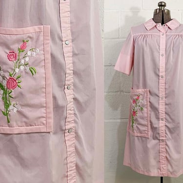Vintage Embroidered Housedress Nightgown House Dress White Pink Green Floral 1960s Down-East Short Sleeve 1XL 1X XL 