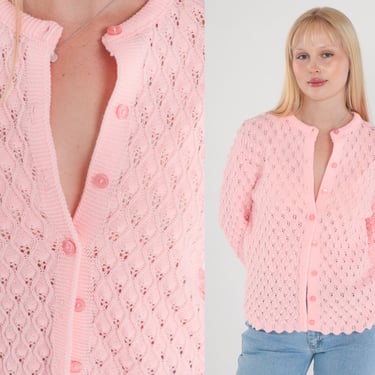 Baby Pink Cardigan 70s Pointelle Knit Button Up Sweater Semi-Sheer Open Weave Pastel Retro Spring Grandma Acrylic Vintage 1970s Medium M 