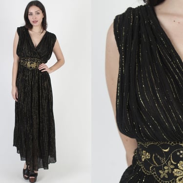 Black Goddess Sheer Gauze Dress / Thin Gold Metallic Threads / Ethnic Crochet Waistband / Vintage 80s Grecian Toga Party Maxi Gown 