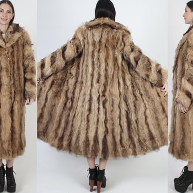 Full Length Raccoon Fur Jacket, Long Brown Tanuki Overcoat, Vintage Lumberjack Outdoors Coat 