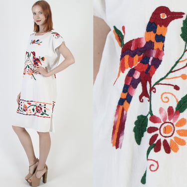 Authentic Mexican Peacock Dress, Womens White Cotton Beach Sundress, Hand Embroidered Ethnic Caftan 