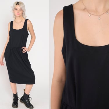 Black Tank Dress 90s Midi Dress Sleeveless High Waisted Scoop Neck Basic Plain Simple Evening Cocktail Minimal Vintage 1990s Virgo II Large 