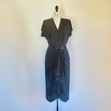 1940's Style Black Silk Formal Party Dress Sequin Sleeves Belt Lined Rockabilly Retro Cocktail Evening 31