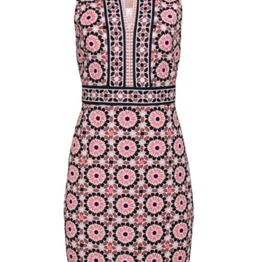 Kate Spade - Pink Geometric Print Sleeveless Sheath Dress w/ Embroidered Trim Sz 8