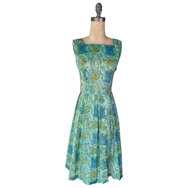 1950s green and blue print sundress 