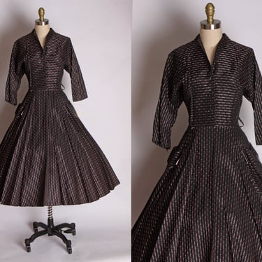 1950s Black and Pink Flocked Taffeta Fit and Flare 3/4 Length Sleeve Dress -M 