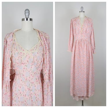Vintage 1940s floral peignoir set dressing gown and matching nightgown robe lingerie 1930s bias cut rayon size small 