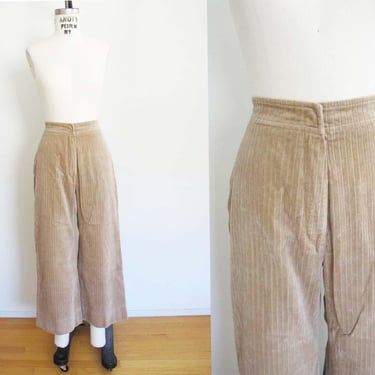 Vintage 70s Tan Brown Wide Leg Corduroy Pants 25 XS S -  Wide Wale High Waist Cord Sailor Pants -  Preppy Academia Style 