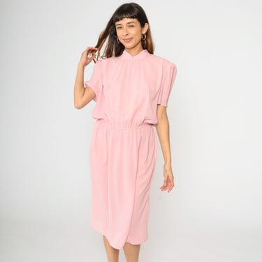 Vintage 80s Semi-Sheer Pink Dress Puff Sleeve Midi Blouson Mock Neck Pastel Secretary Dress High Waisted Short Sleeve 1980s Chiffon Large L 