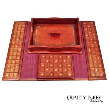Vintage Italian Hollywood Regency Red Tooled Leather Gold Gilt 3 Pc Desk Set