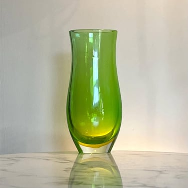 Sommerso vase in Uranium green glass with yellow inclusion over clear glass attr. Flavio Poli 