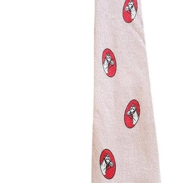 Vintage 30s Mens Tie Pink w/Red Horses Graphic Print 