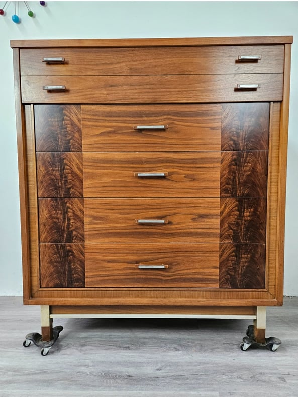 Walnut Burl Wood Vintage Mid-Century Modern Tall Chest