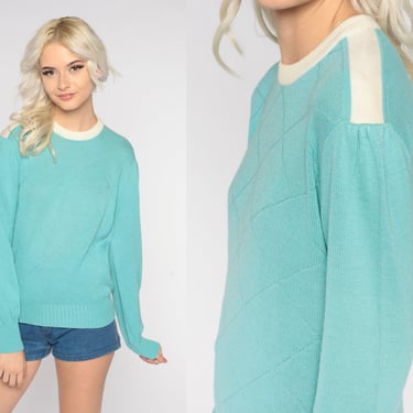 Puff Sleeve Sweater 70s 80s Turquoise Blue Diamond Knit Sweater Retro Wool Blend Pullover Ringer Crewneck White Striped Girly Vintage Medium 