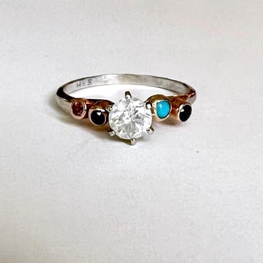 Half carat diamond rainbow wiggle ring in 14k white and yellow gold vintage setting reclaimed diamond ruby turquoise sapphire one of a kind 